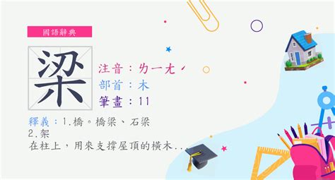 梁 部首|字:梁 (注音:ㄌㄧㄤˊ,部首:木) 